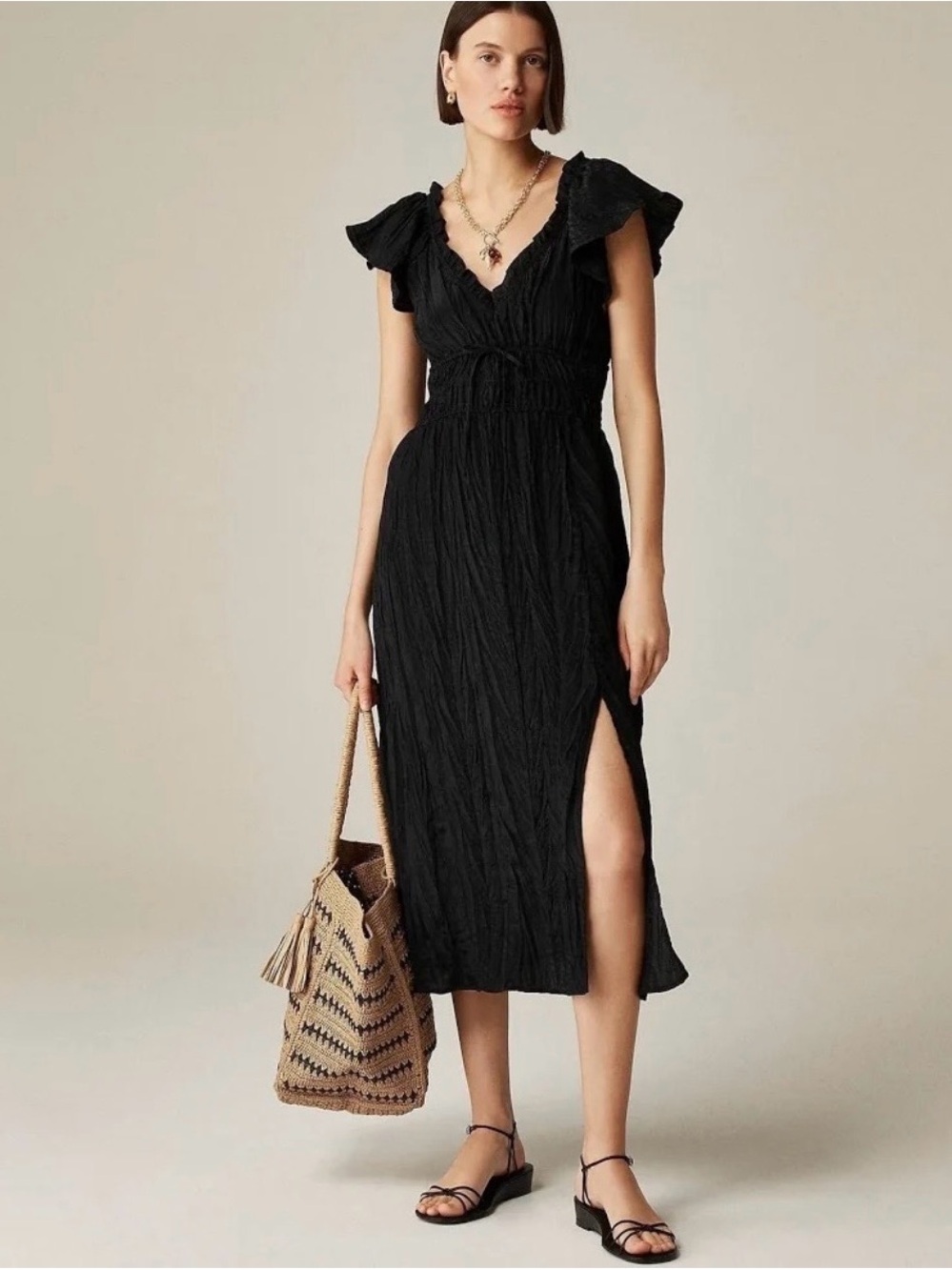 Black Ruffled V-Neck Midi Dress with Side Slit
 j.crew summer dress date night